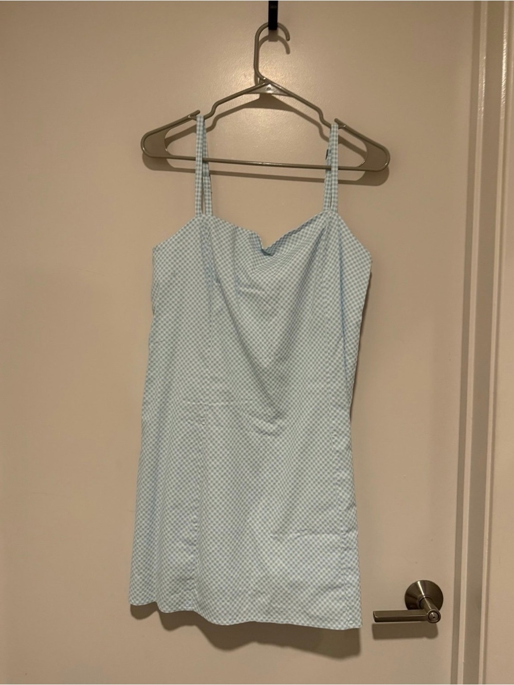 Light Blue Checkered Spaghetti-Strap Romper